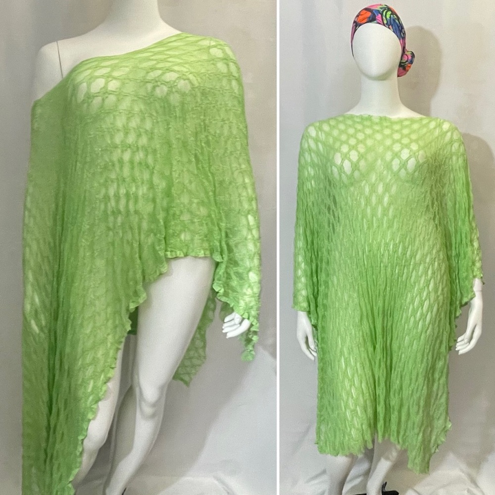 Vibrant Green Textured Knit Poncho coverup